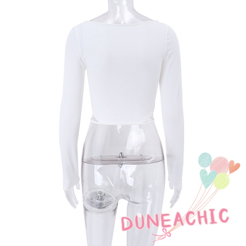 DUNEA Áo Thun Croptop Tay Dài Cổ Vuông Thời Trang Cho Nữ