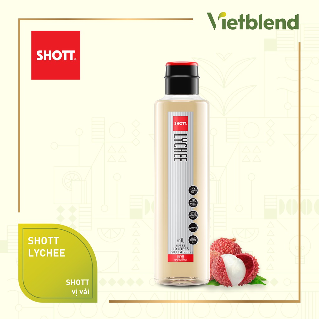 Syrup vải SHOTT - Si rô cao cấp từ New Zealand - Dùng để pha chế trà vải, trà trái cây | Chai 1L