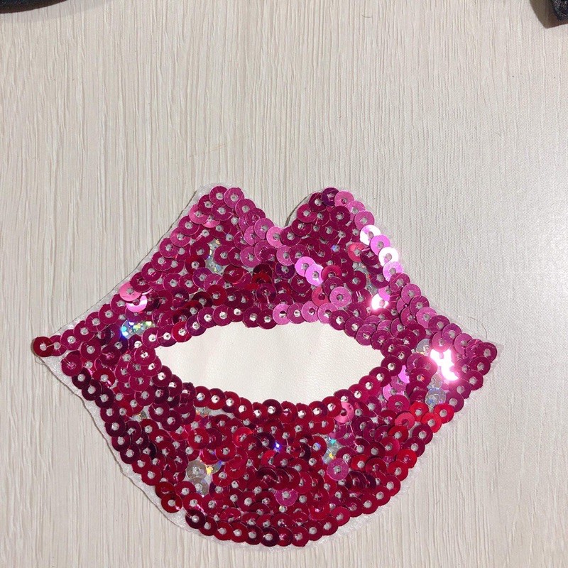 Set sticker hình thêu kim sa 2 mắt 1 môi  phụ kiện may mặc trang trí quần áo, handmade,DIY