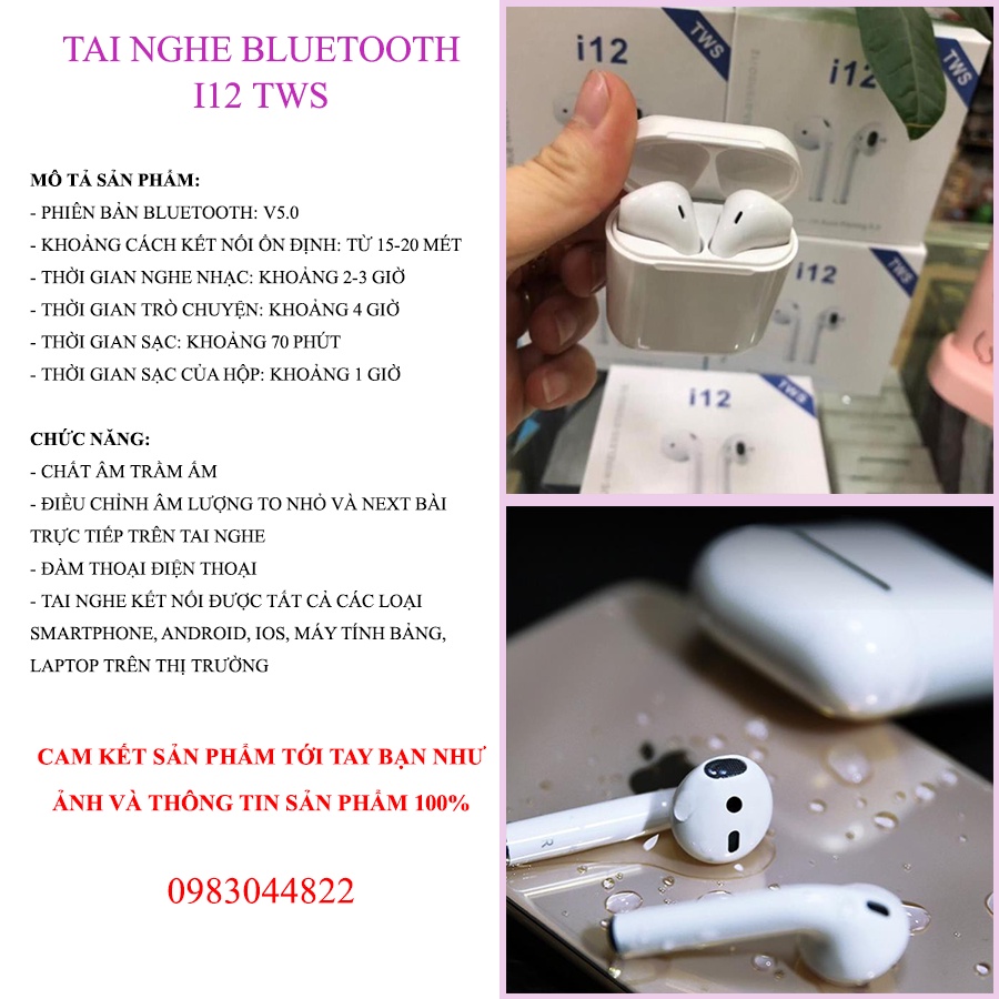 Tai Nghe Bluetooth Không Dây i12 TWS phù hợp với Iphone/Android/Laptop