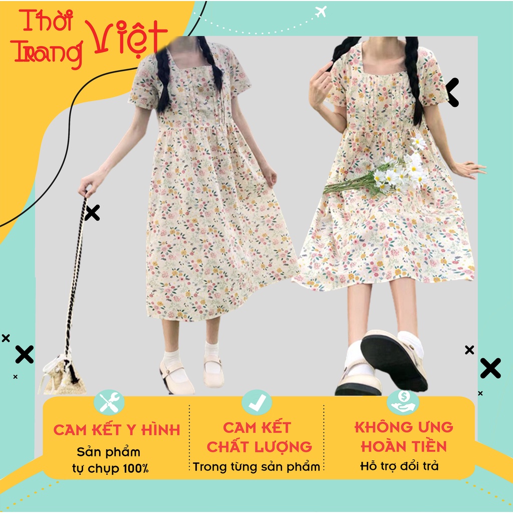 Váy babydoll cổ vuông tay ngắn phối hoạ tiết siêu dễ thương, Đầm Bigsize nữ dáng xoè nhún ngực chất vải dày dặn