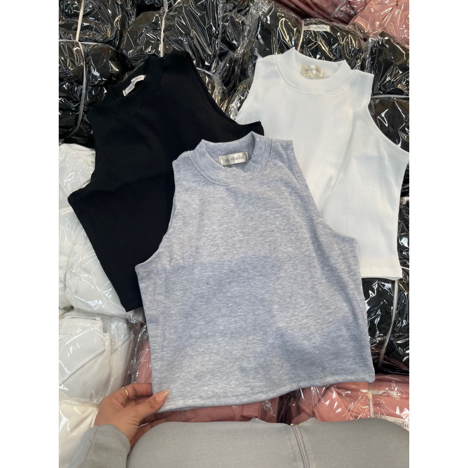 Áo croptop ba lỗ áo sát nách cổ đứng chất thun tăm cực mát,mic quần jean ống rộng-Minxy shop