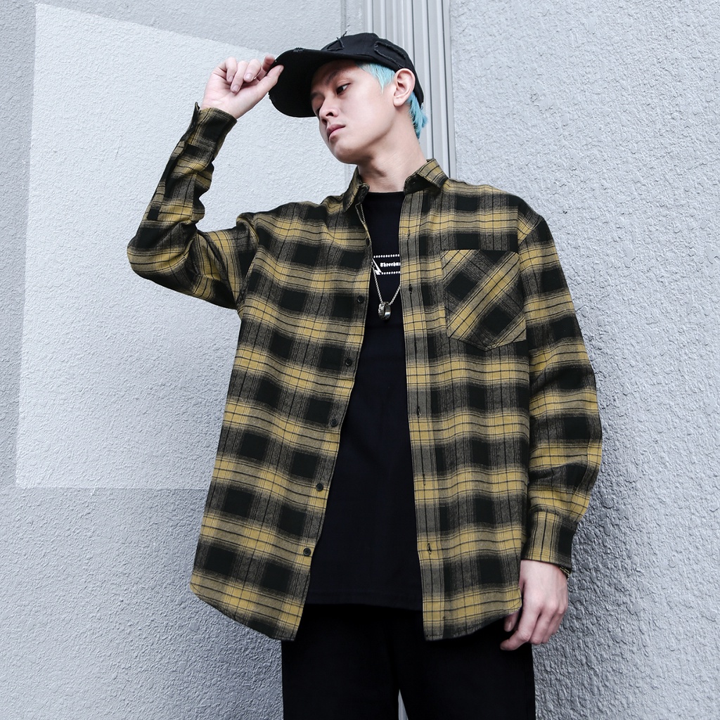 Áo Sơ Mi Sọc Đen Vàng Phối Khăn Flannel Khăn Badana Sau Lưng Chất Liệu Cotton Thoải Mái Phong Cách Đường Phố