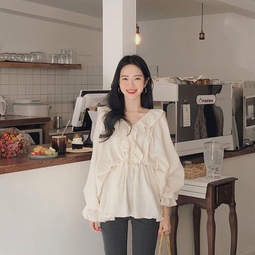 Áo Kiểu Tay Dài Phối Bèo Thiết Kế Cổ Chữ V Thanh Lịch 27395