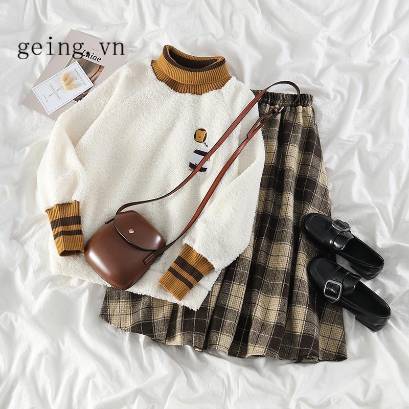 Set áo len dài tay cổ lọ + chân váy caro lưng cao thời trang nữ
