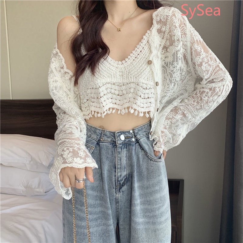 Bộ áo hai dây + áo khoác cardigan phối ren xinh xắn dành cho nữ có bán lẻ