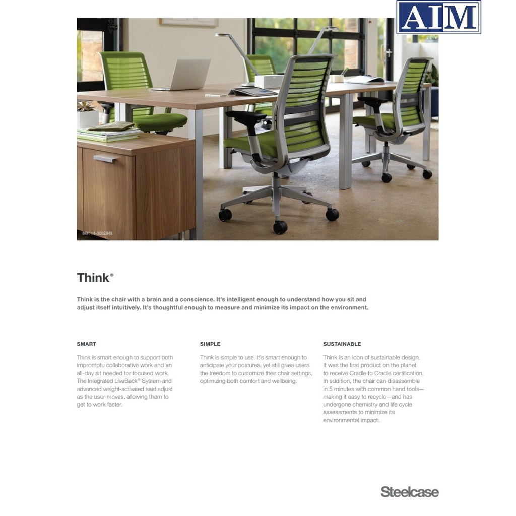 Ghế Công Thái Học Steelcase: THINK, Bảo hành 8 năm, Khung đen, Tựa lưng lưới, Ghế vải, Màu đen