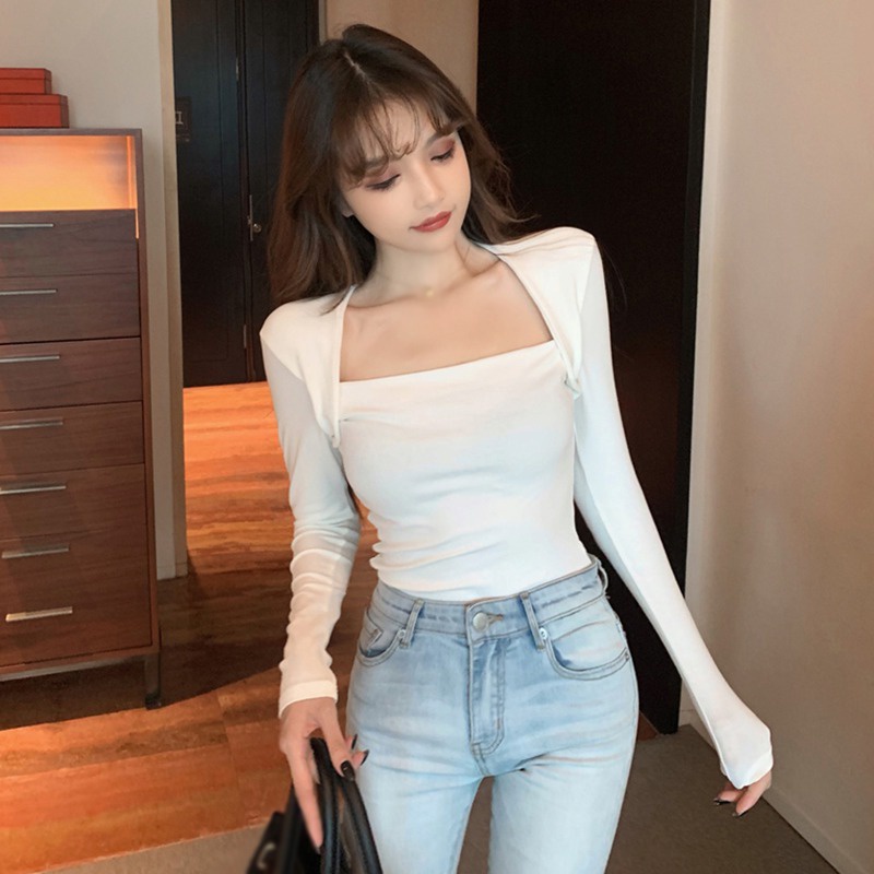 Áo Thun Tay Dài Cổ Vuông Màu Sắc Đơn Giản Phong Cách Hàn Quốc