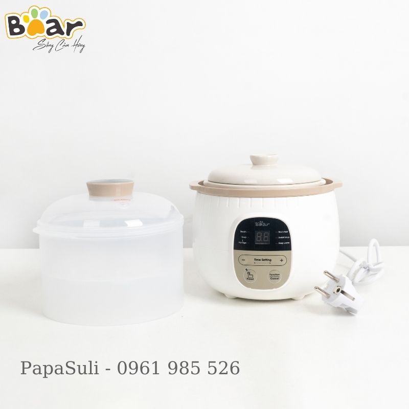 Nồi nấu cháo chậm Bear  SUBE001 Đồ dùng ăn dặm cho bé Đa năng Nấu và hấp cùng lúc Dung tích 0,8L Bảo hành 18 tháng