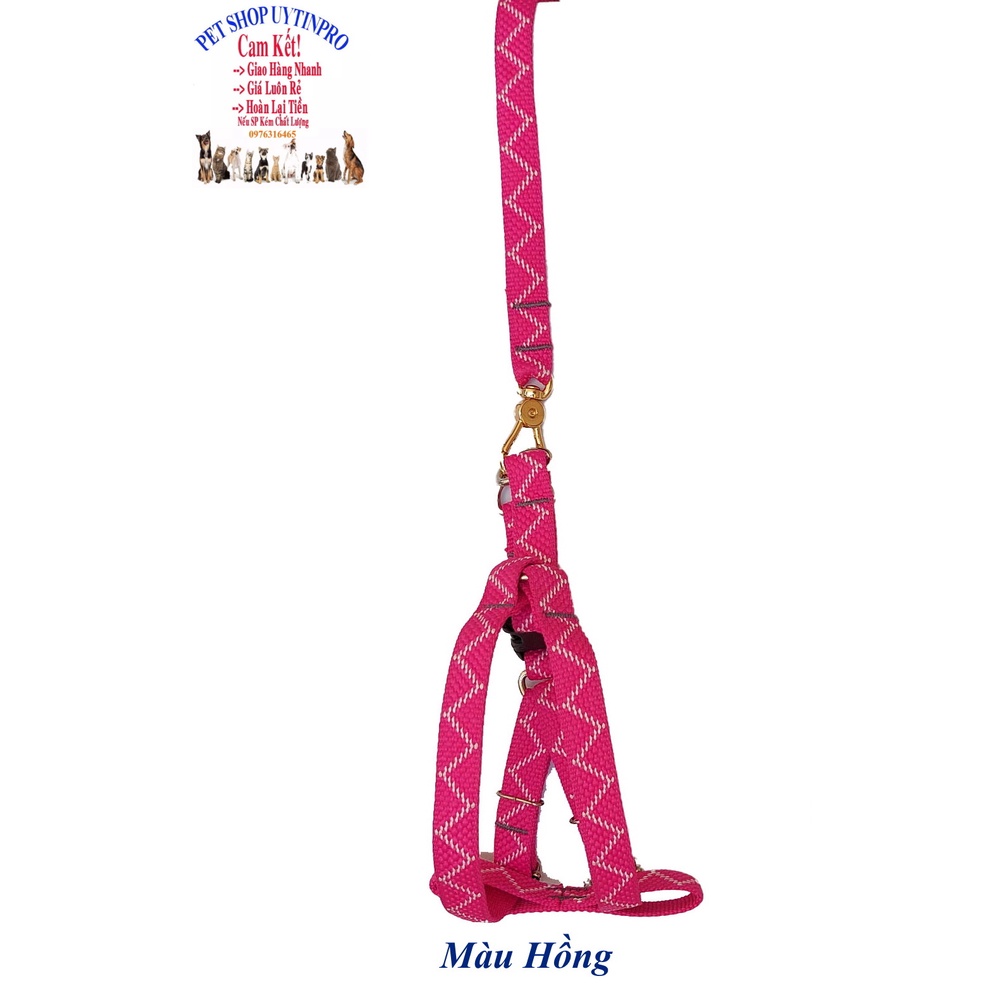 Dây dắt kèm yếm cho Chó Mèo từ 5kg đến 10kg Bản rộng 1.5cm Dài 120cm Thêu zigzag Chất liệu dù chắc chắn, An toàn