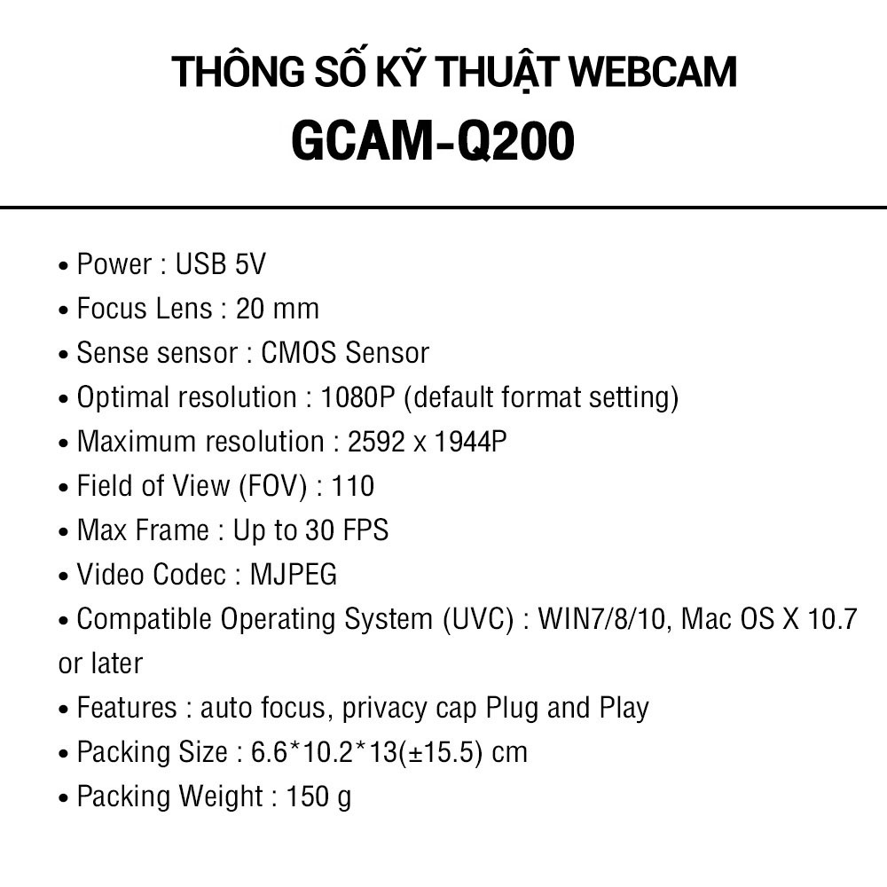 Webcam Máy Tính có mic cho PC, Laptop, Webcam Full HD 1080P 2K Học online trực tuyến, Học Zoom, Livestream - Gcam Q200