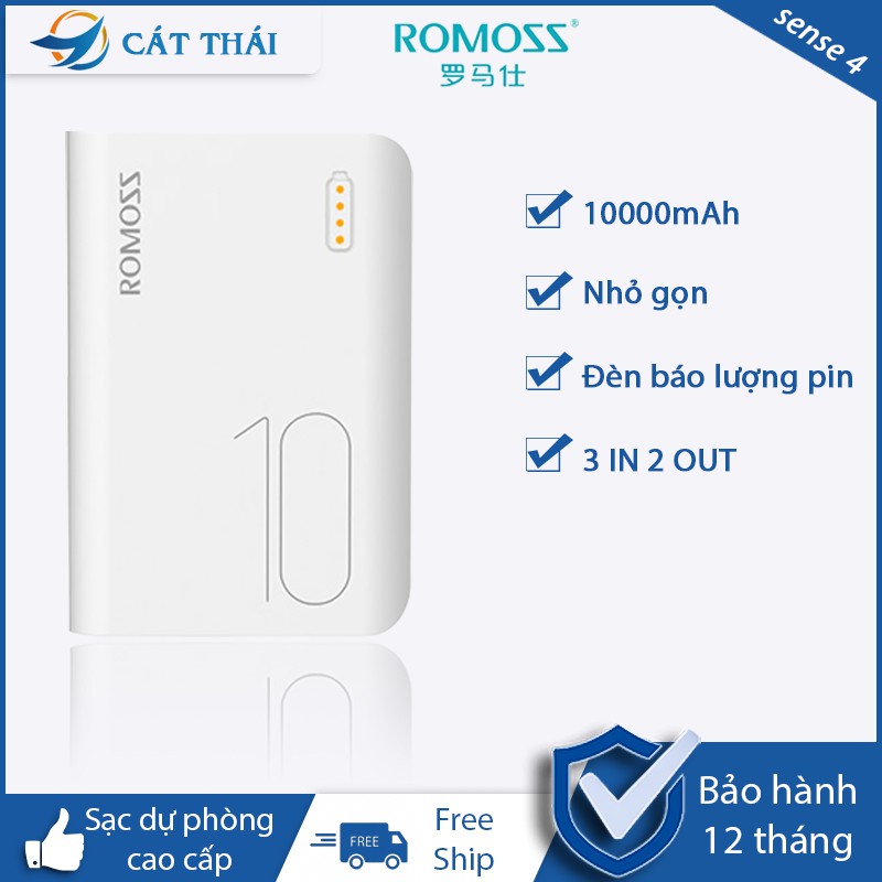 [BẢO HÀNH  1  ĐỔI 1] Pin sạc dự phòng Romoss sense 4 mini 10000mAh mỏng nhẹ gọn 2 cổng USB 3 cổng sạc vào