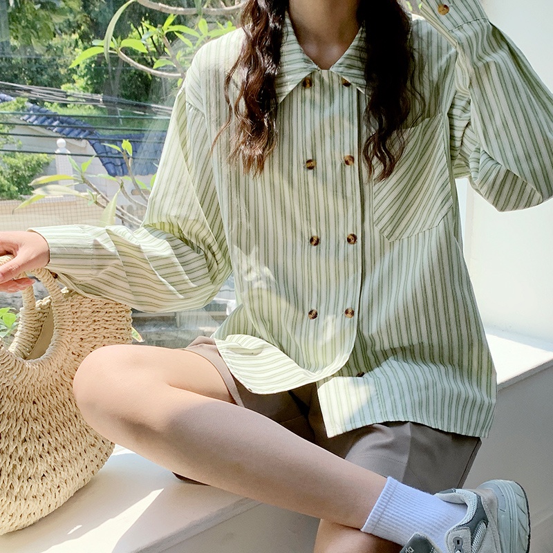 【ZHELIHANGFEI】Áo Sơ Mi Nữ Tay Dài Kẻ Sọc Thời Trang Thanh Lịch