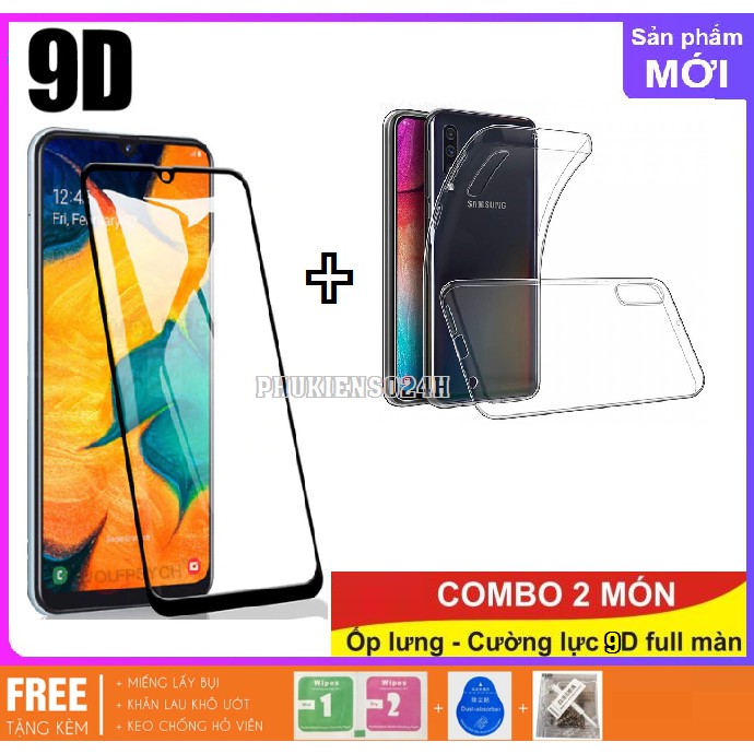 Samsung galaxy A70_Kính cường lực 9D full keo thế hệ mới+ốp dẻo silicon trong suốt A+(combo 2 món)