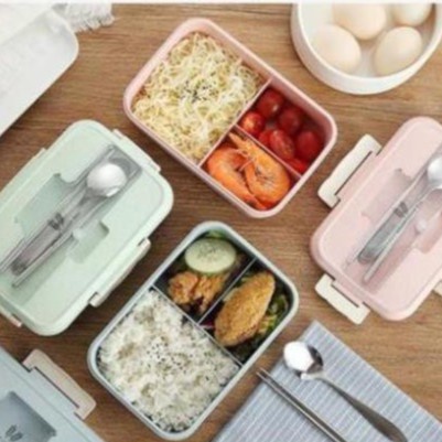 HỘP CƠM LÚA MẠCH 1 TẦNG 3 NGĂN KÈM ĐŨA THÌA INOX