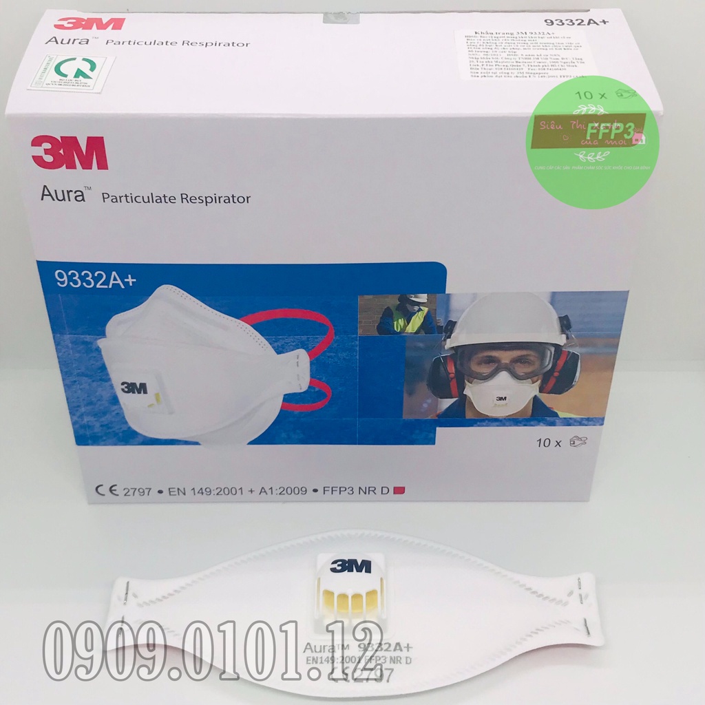 Khẩu trang 3m 9332a+ cao cấp, N95 có van thở chính hãng đệm mũi tiệt trùng đạt chuẩn AS/NZS FFP3 set 5 cái