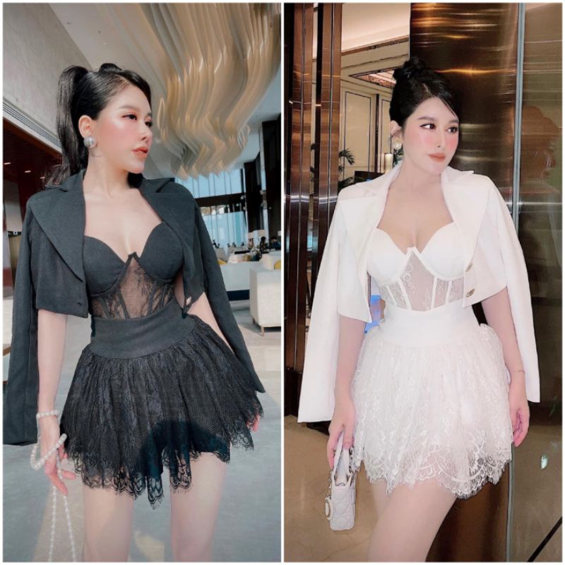 Set vest 3 món, áo bra ren, khoác vest, chân váy sang trọng, hàng hotgirl