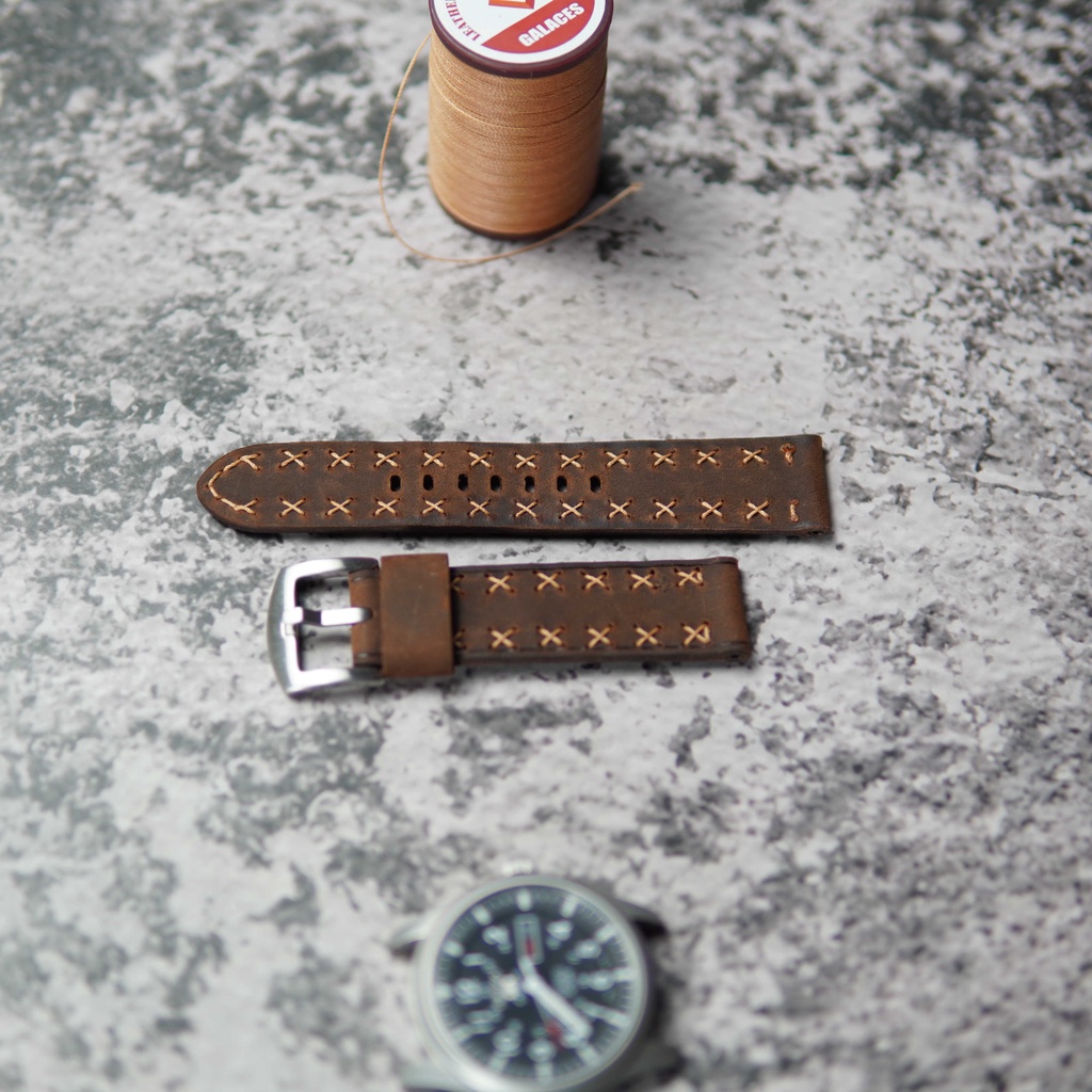 Dây đồng hồ da bò sáp 2 mặt, dây da đồng hồ cao cấp handmade khâu tay thủ công DX15 size 18mm, 20mm, 22mm