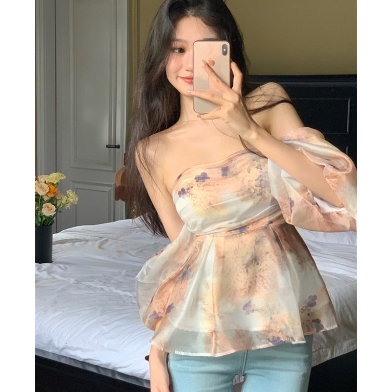 Áo Nữ Tay Ngắn Hở Vai Họa Tiết Hoa Thời Trang Quyến Rũ