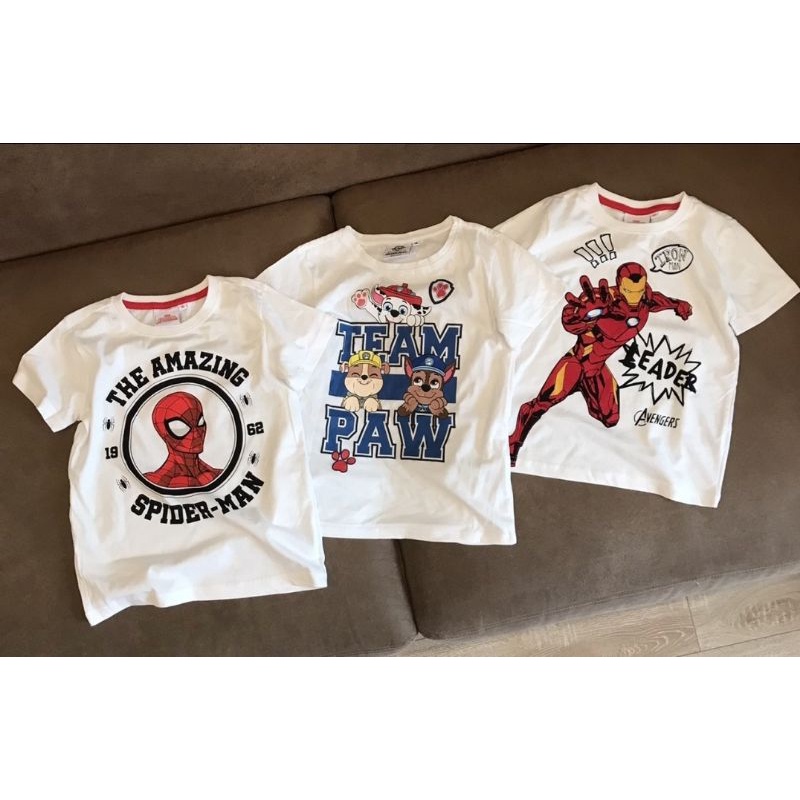 ÁO PHÔNG TRẮNG CỘC TAY THUN COTTON TQXK HÌNH SIÊU NHÂN, MICKEY, CHÓ CỨU HỘ, MINICRAF CHO BÉ TRAI