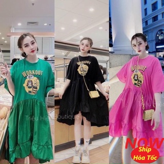 Đầm nữ kiểu babydoll phối in kute chất vải thun Borip FreeSize dưới 55kg