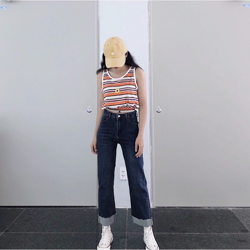 Áo tanktop sọc ngang thêu hoa