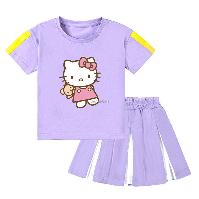 Set Đồ Mùa Hè 2 Món Gồm Áo Thun Cotton In Hình Mèo Hello Kitty + Chân Váy Dệt Kim Cho Bé Gái