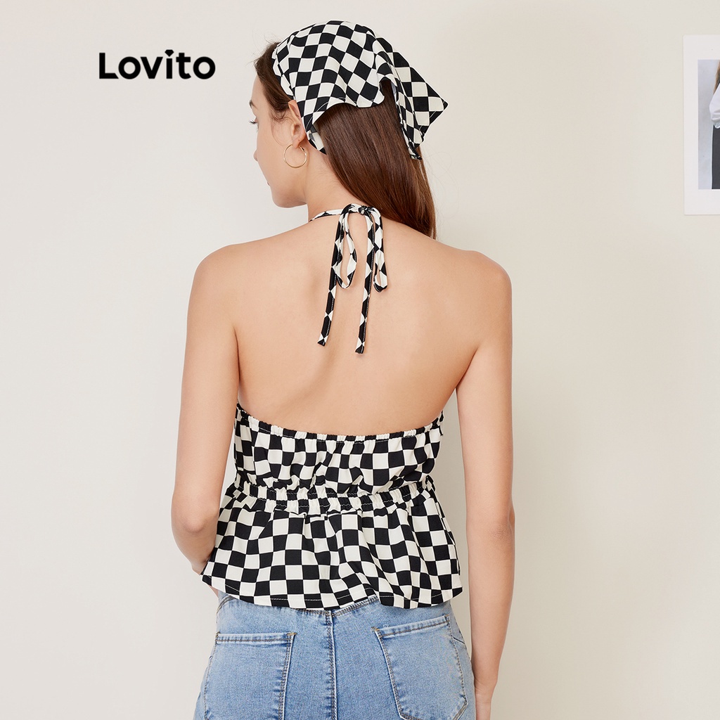 Áo không tay Lovito cổ V in kẻ ô bàn cờ có đệm ngực và khăn trùm đầu phong cách ngày thường L27AD160 (màu đen và trắng)