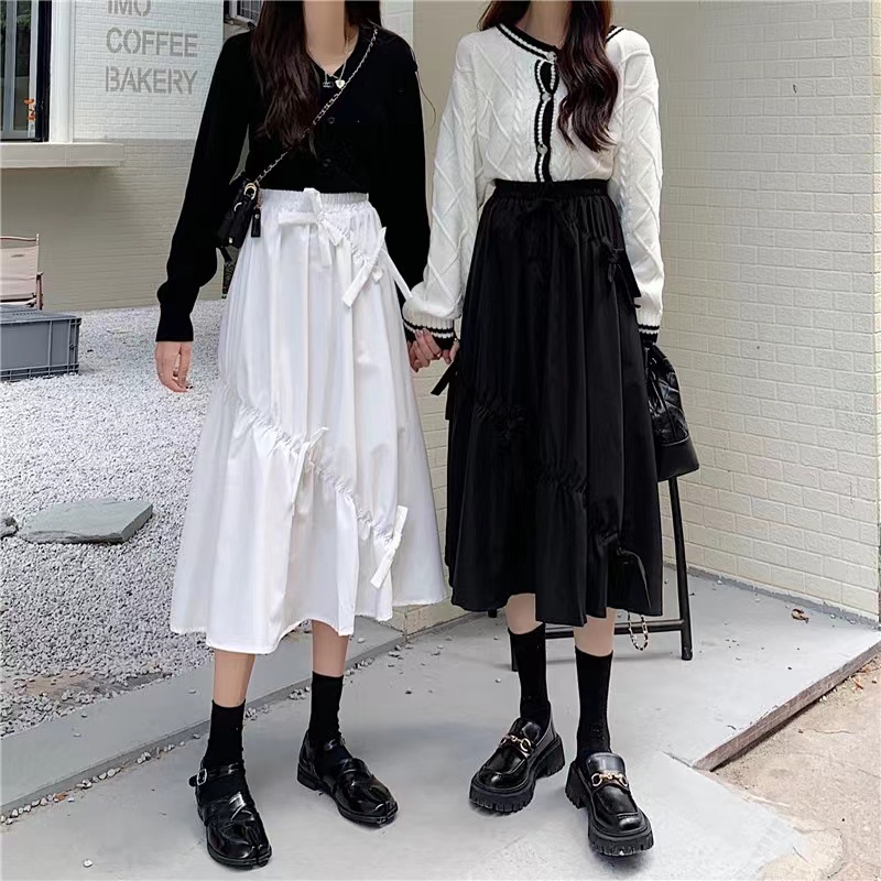 Chân Váy Dài Qua Gối Thắt Nơ Eo Phong Cách Retro Dành Cho Nữ