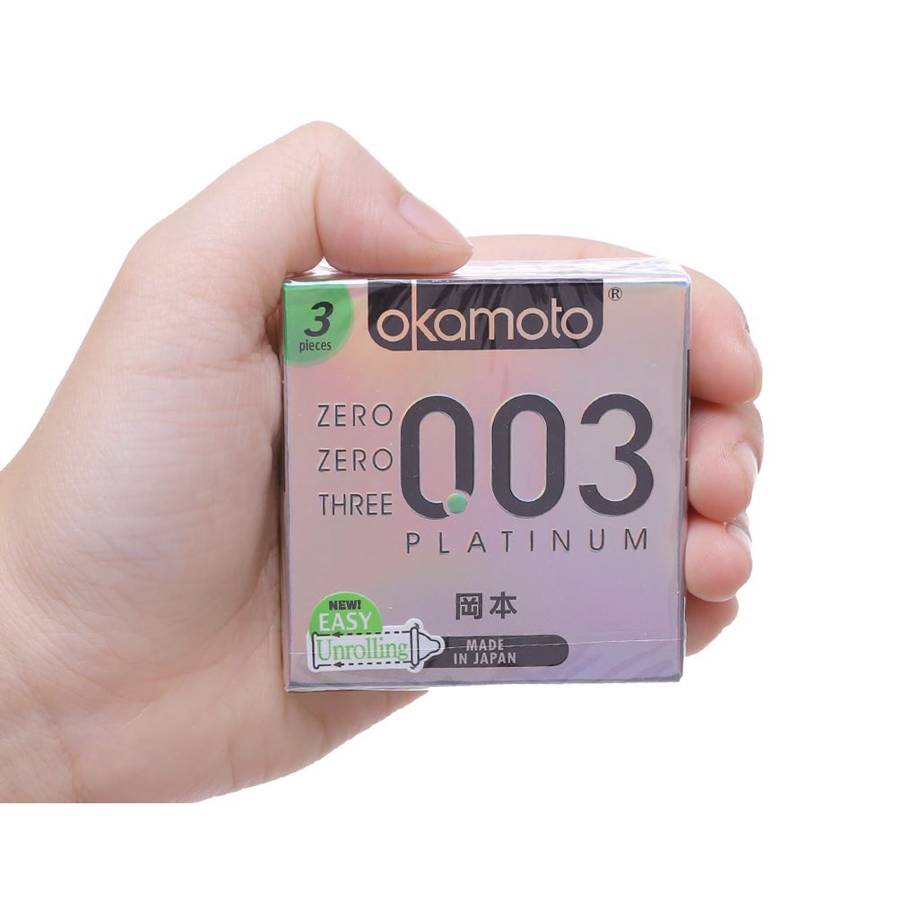 [ CHÍNH HÃNG ] - Bao cao su Okamoto 0.03 Platinum, siêu mỏng, co giãn tốt, trong suốt mềm mại - Hộp 3 Cái