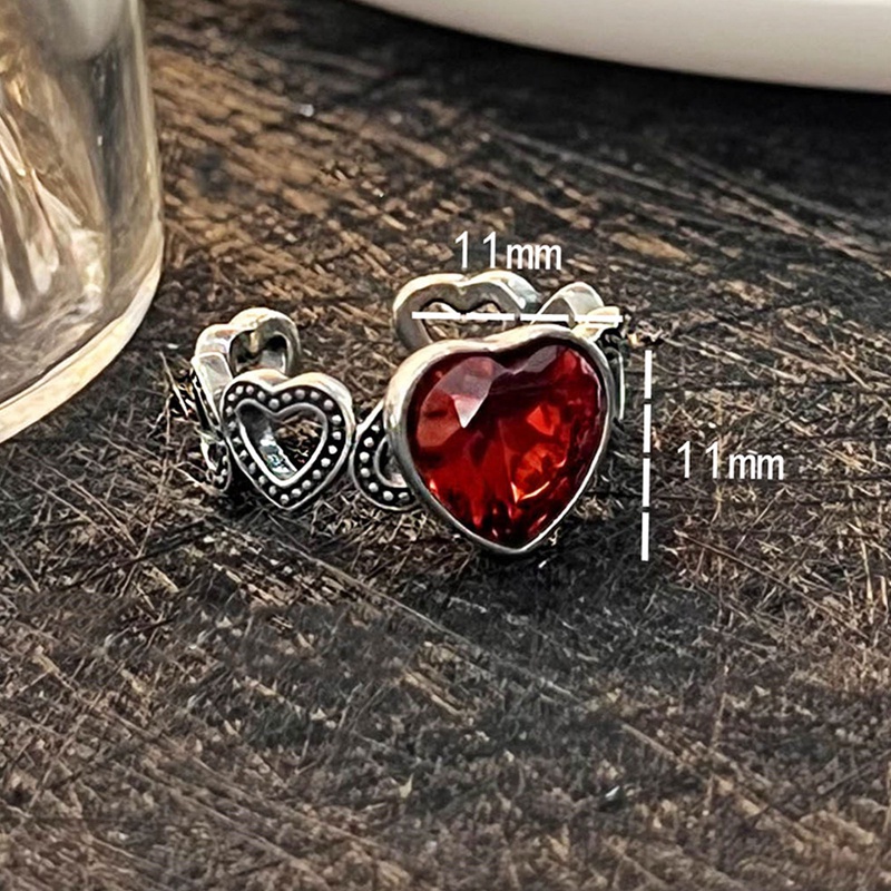 Nhẫn Bạc Thái Khắc Hình Hoa Hồng/Chim Bồ Câu Đính Đá Zircon Màu Đỏ Phong Cách Retro