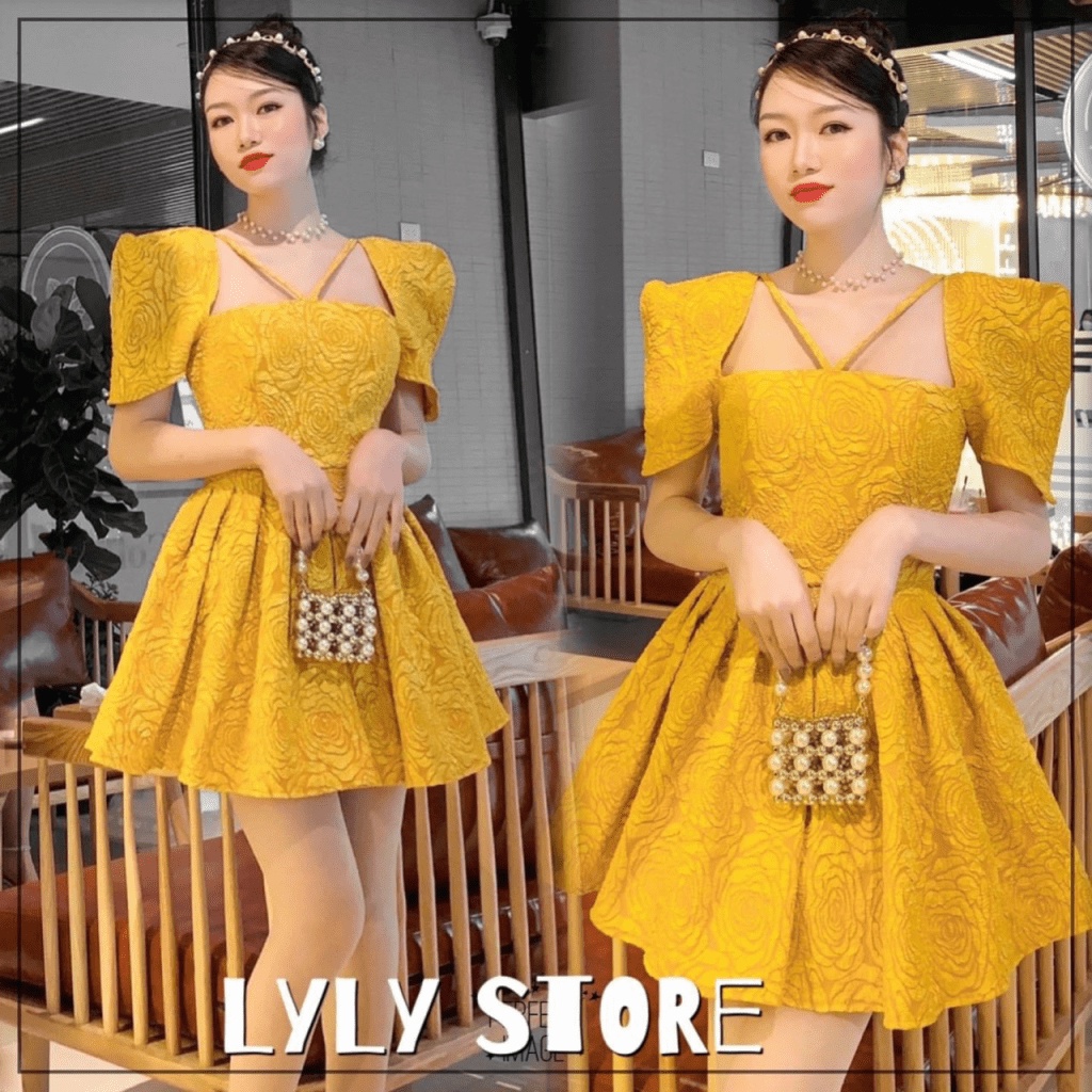 (Free ship) Đầm Gấm Hoa Kiểu Cách Cực Sang Trọng Cho Tiểu Thư | Thiết Kế Tay Vuông + Dáng Ngắn UP HHP Fashion