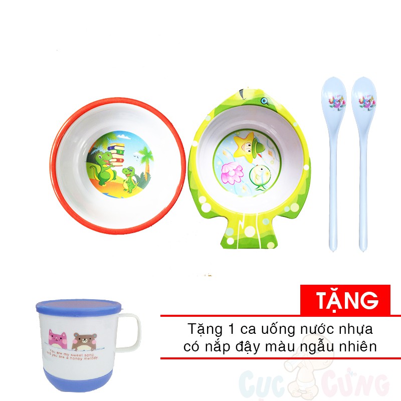 Tô trẻ em in hình bằng nhựa + Tô trẻ em in hình cá bằng nhựa + 2 muỗng ăn dặm cán dài TẶNG 1 ca uống nước