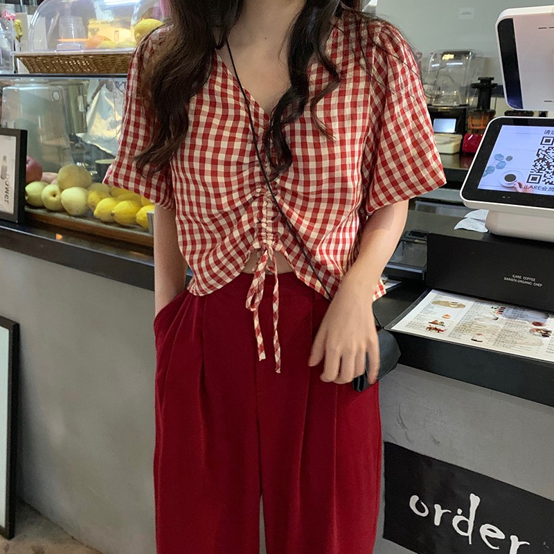 Áo dây rút cổ v kẻ cho nữ Yoomeclothing [ ẢNH THẬT SHOP CHỤP]