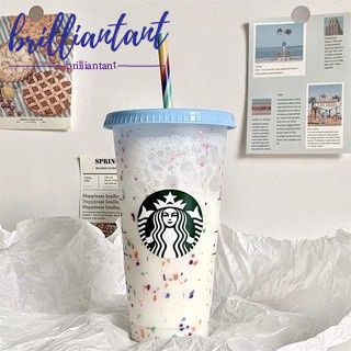 Bộ 1 hoặc 5 cốc uống cà phê Starbucks bằng nhựa thay đổi màu sắc có nắp đậy và ống hút và lạnh 24 fl oz