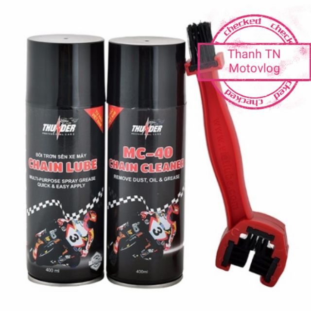 Combo Xịt dưỡng sên Thunder ChainLube (400ml), Chai xịt vệ sinh sên MC 40 (400ml) và bàn chải chà sên.