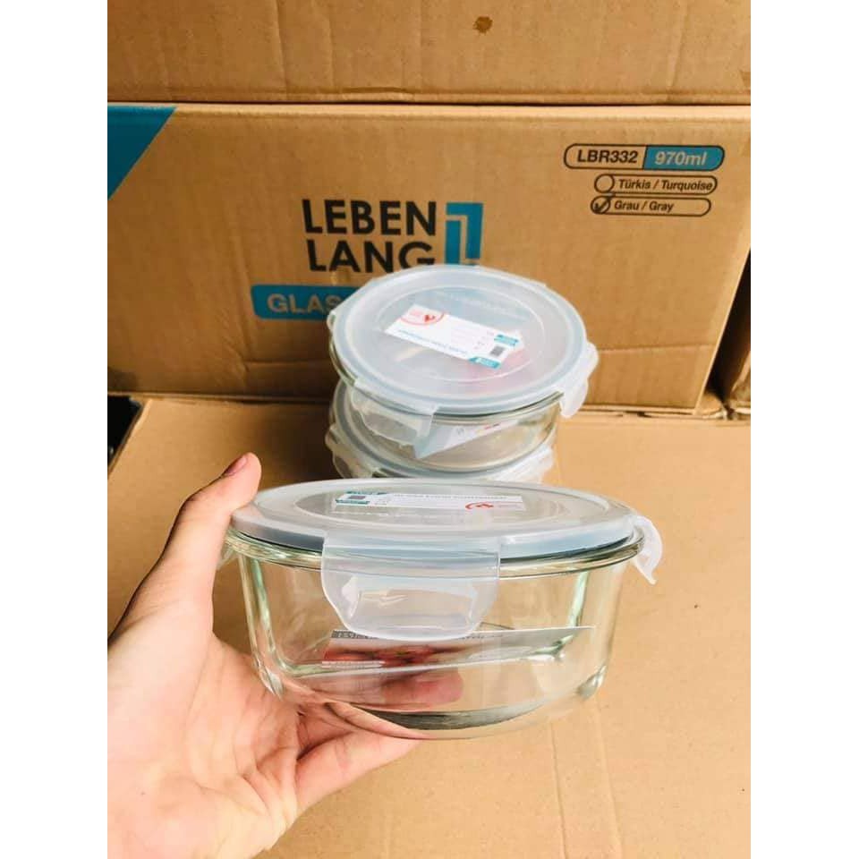 Hộp đựng cơm 2 ngăn thủy tinh chịu nhiệt dáng tròn 970ml LEBENLANG