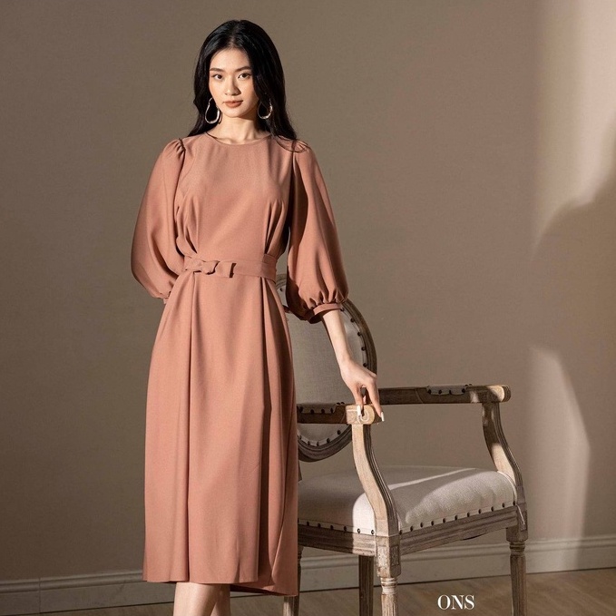 Oyster and Snail - Đầm Lydia nữ xếp ly chiết eo đai liền váy tay bồng - 0582