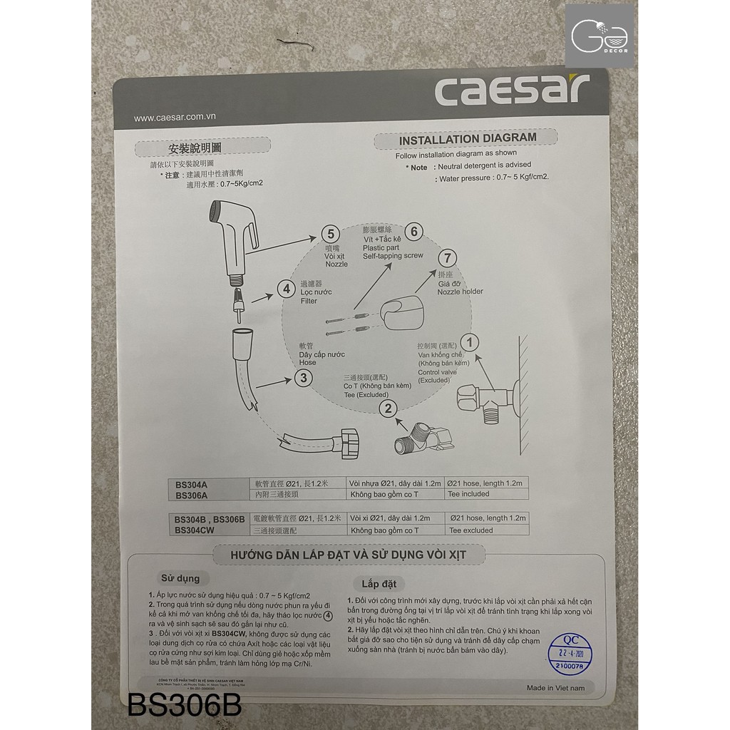 VÒI XỊT VỆ SINH CAO CẤP CAESAR BS306B