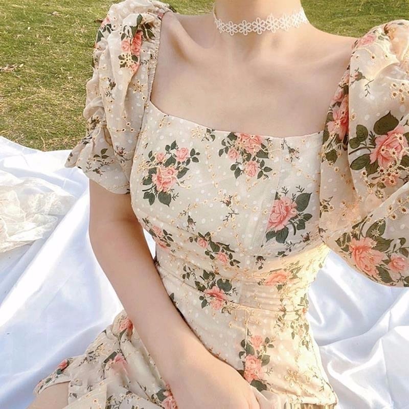 Đầm hoa Perty tay phồng cổ vuông phong cách Hàn Quốc dành cho nữ