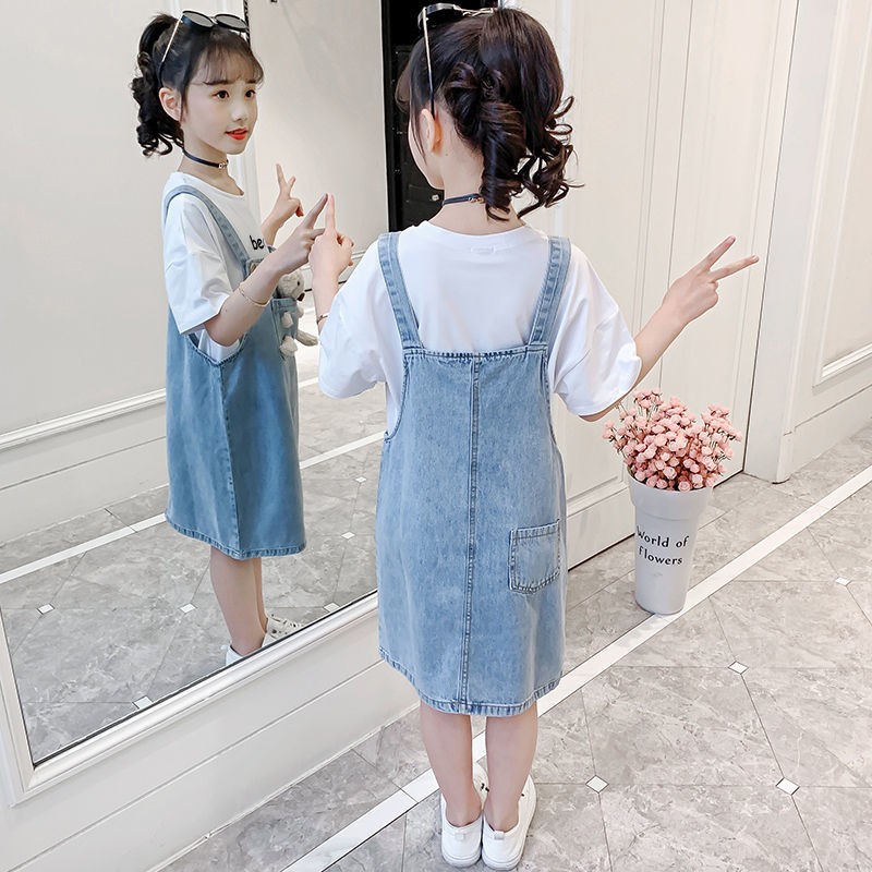 Set Áo Thun Ngắn Tay + Đầm Yếm denim Thời Trang Hàn Quốc Cho Bé Gái