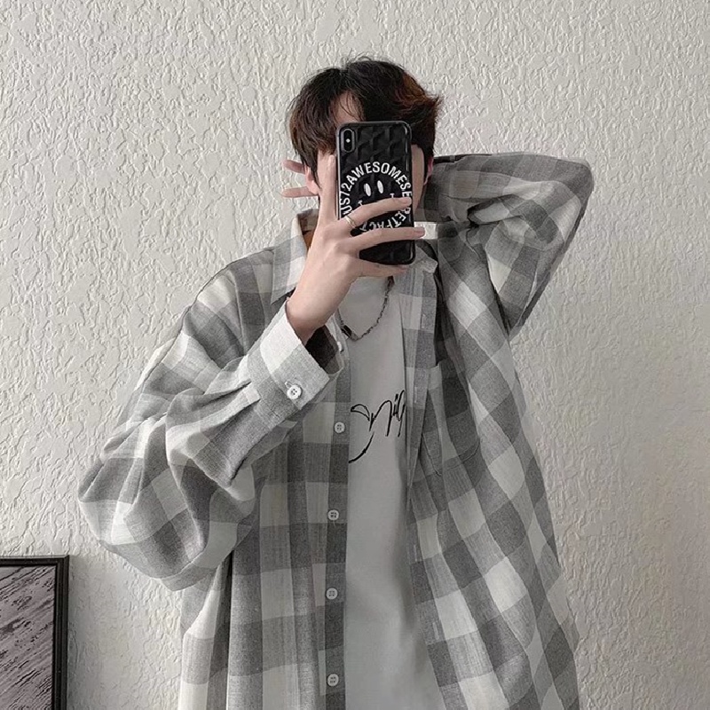 Áo sơ mi tay dài dáng rộng họa tiết sọc caro phong cách Hàn Quốc cho nam size M-3XL