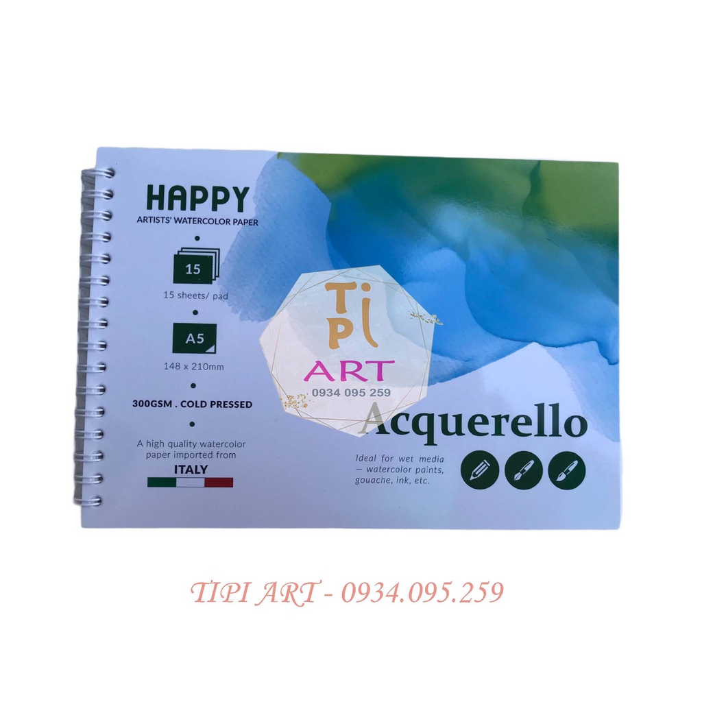 Sổ vẽ màu nước HAPPY Acquerello gáy Lò Xo 300gsm 15 tờ