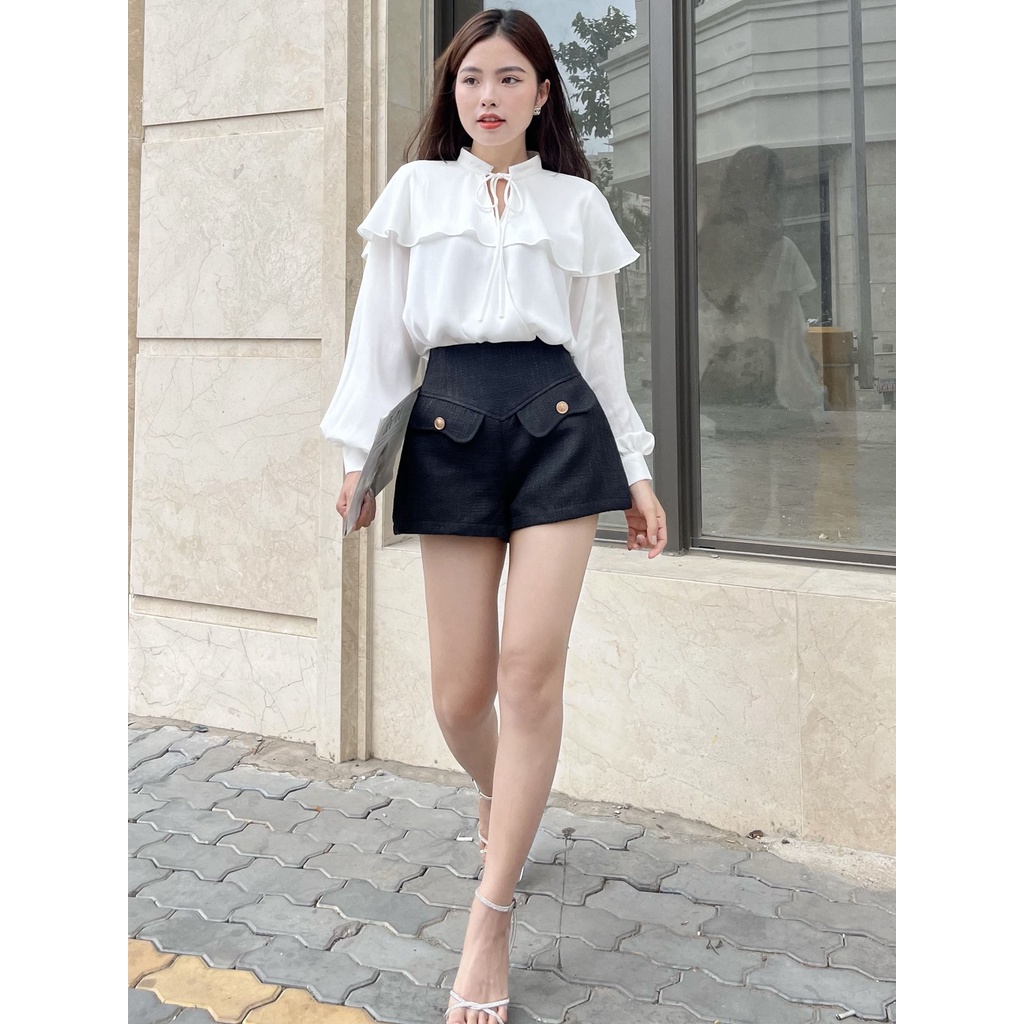 RECHIC Áo kiểu Regina cổ bèo hai vạt áo đắp chéo trẻ trung thích hợp đi làm dạo phố