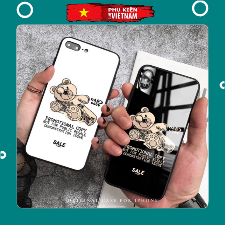Ốp lưng iphone 6, 7, 8 Plus, X, XS, XR, XSMAX, 11, 11PRO, 11 PROMAX, 12, 13 PROMAX GẤU NẰM xinh xắn BẰNG KÍNH PKVN