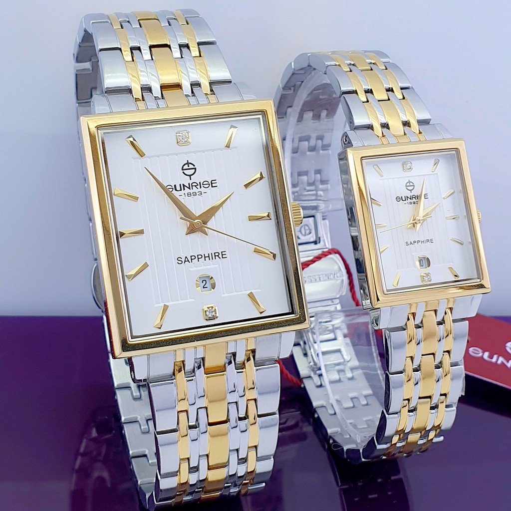 Đồng hồ cặp nam và nữ SUNRISE 1190SA_Dây thép không gỉ đúc đặc mạ PVD