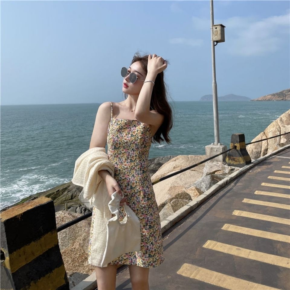 AMOI Bộ Đầm Hai Dây Dáng Rộng Họa Tiết Hoa Hợp Thời Trang Cho Nữ