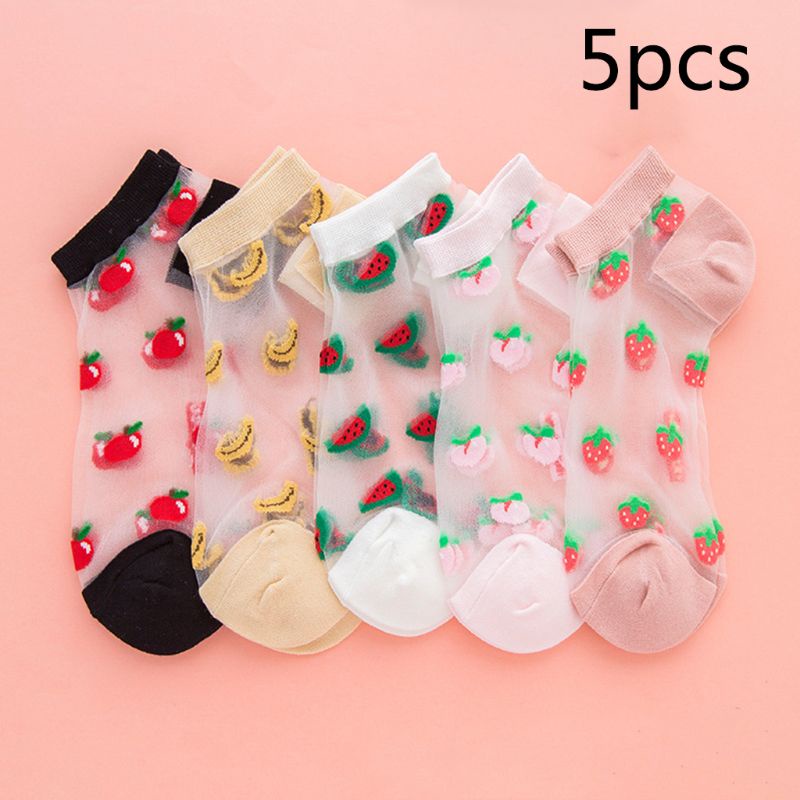 Youyo Set 5 Đôi Vớ Thuyền Xuyên Thấu Sợi Pha Lê Siêu Mỏng Họa Tiết Trái Cây Dưa Hấu Dễ Thương Mù
