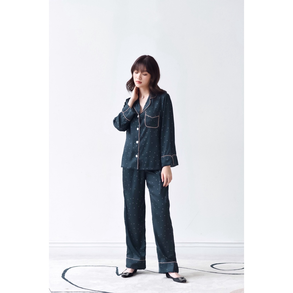 Bộ Pyjamas Nữ Mặc Nhà Áo Dài Quần Dài Chất Liệu Lụa Nhiều Màu In Họa Tiết Star LILAS BLANC