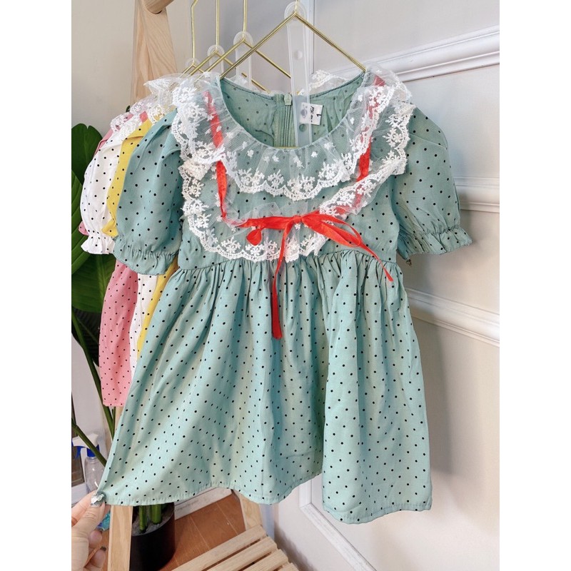 Váy chấm bi cổ ren cho bé 8-23kg phối nơ đỏ chất thô đũi cực mềm nhẹ mát cho bé xinh lung linh BBShine – D079